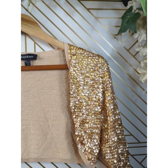 BEBE Women's Y2k 2000s Sequin Knit Cropped Cardiagn Gold Long  Sleeve Size Small - Picture 4 of 8